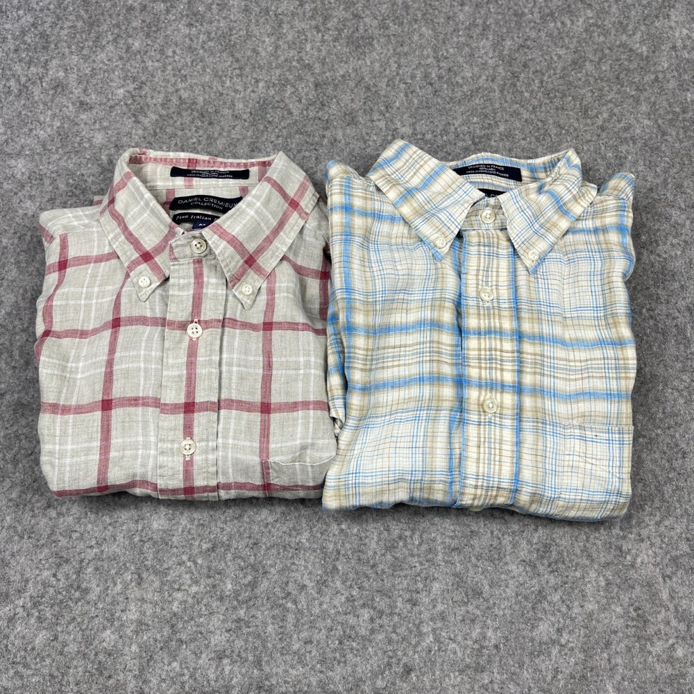 Daniel Cremieux Shirt Mens Medium‎ Plaid 100% Linen Italian Fabric Coastal 2 Pcs